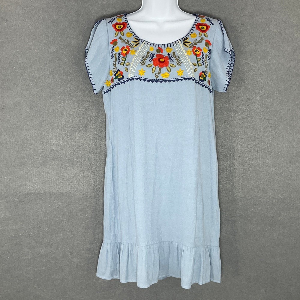THML Dress Women's Sz M Embroidered Blue Floral‎ Midi Ruffle Hem Bohemian